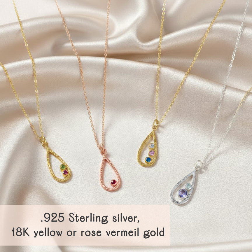 Custom birthstone necklaces in sterling silver, yellow gold, and rose gold with family birthstones