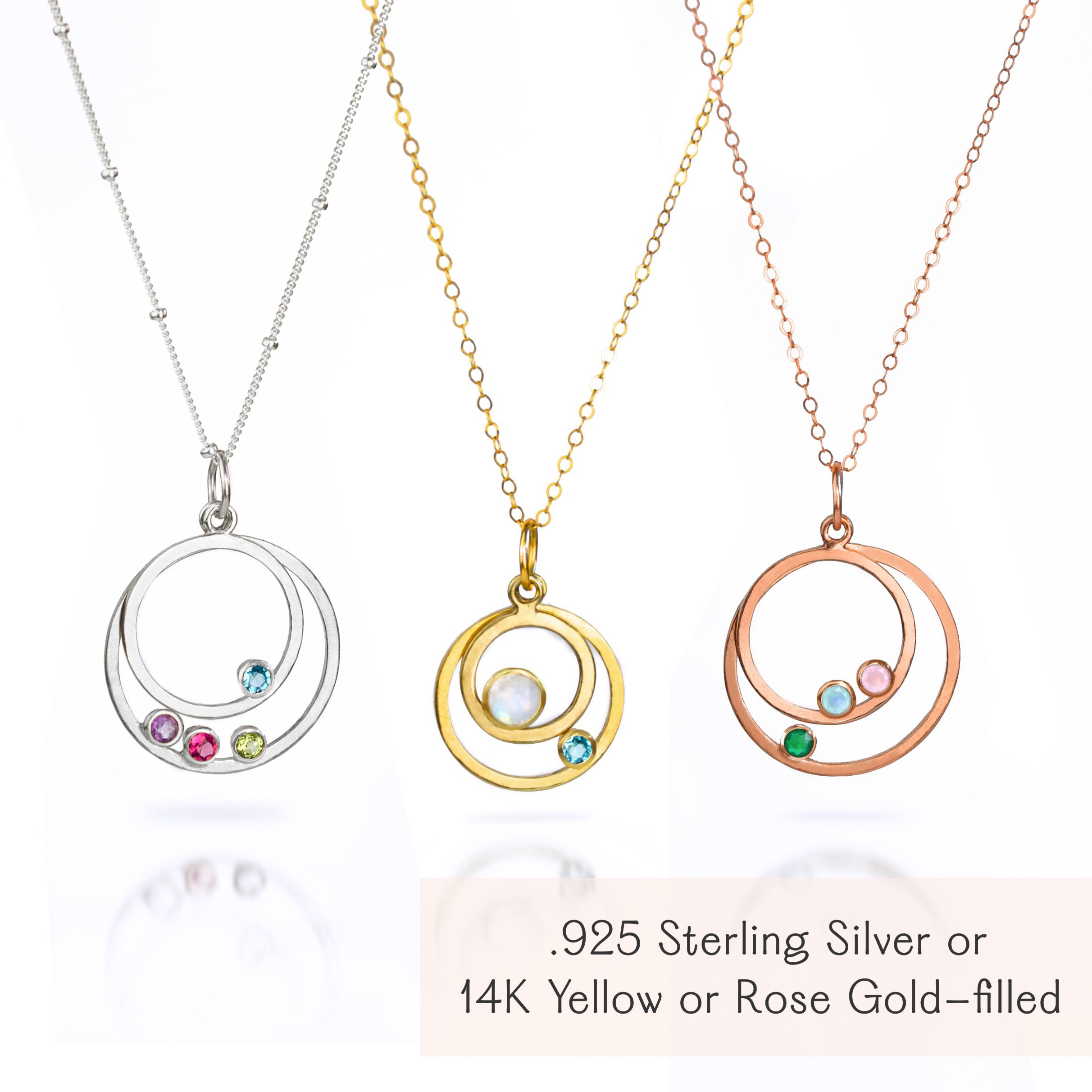 Generational Birthstone Orbit Necklace, for mom in gold or silver