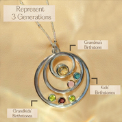 Orbit necklace displaying three generations with labeled birthstones for grandma, parent, and grandkids, custom family necklace with multiple birthstones, generational jewelry gift.