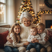 Grandmother wearing custom birthstone orbit necklace with grandchildren, sentimental family jewelry gift, personalized multi-birthstone pendant for grandma.