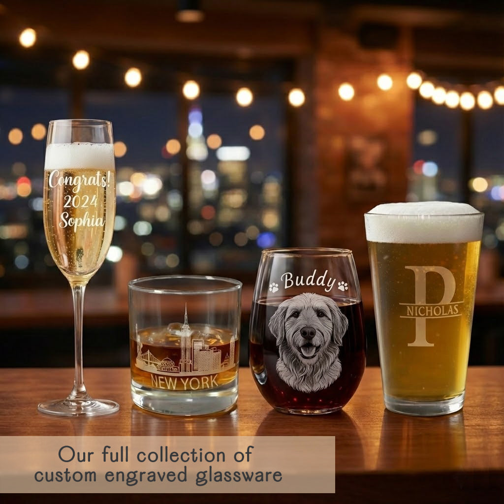 Full collection of custom engraved glassware including champagne flute, whiskey glass, stemless wine glass, and beer glass gift options.