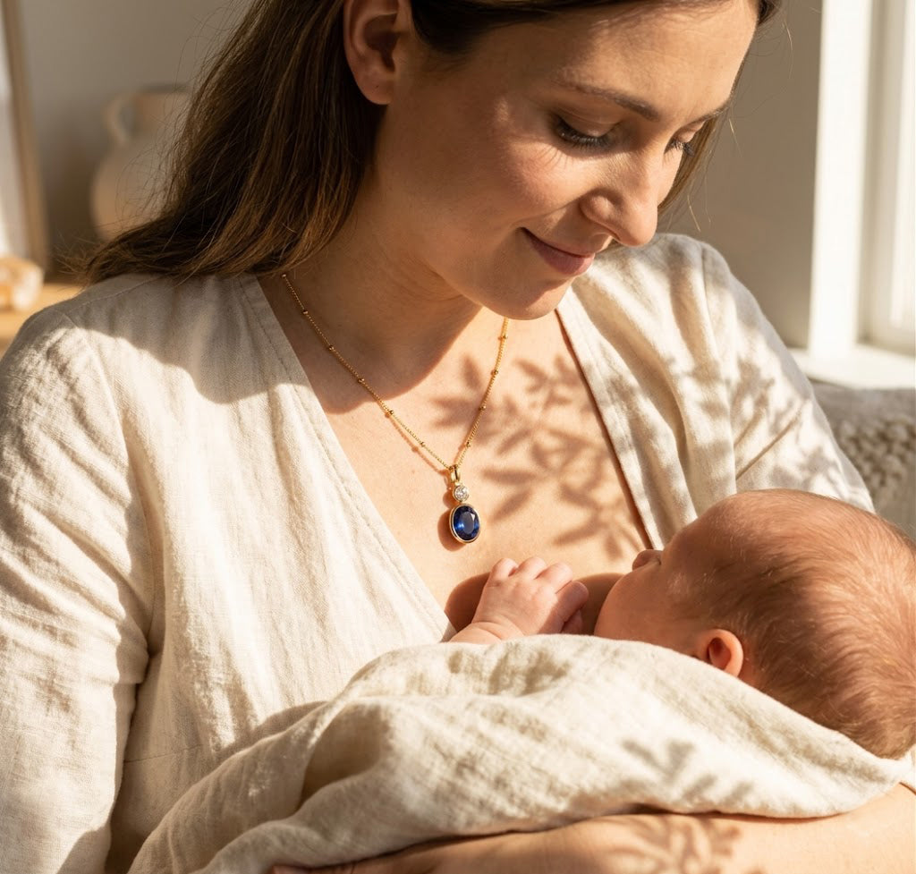 Dainty gold birthstone necklace with one large oval gemstone and one small round charm, a thoughtful just because gift for her shown on a new mom