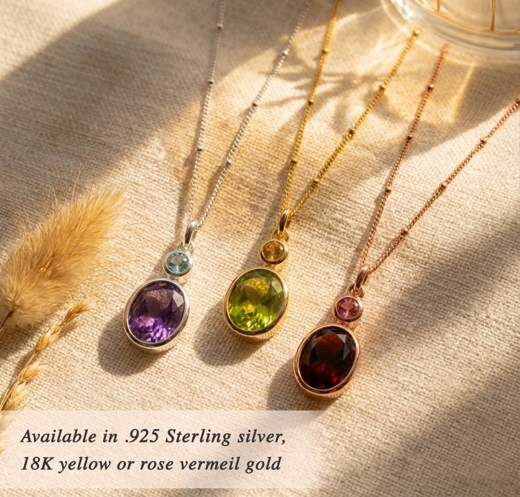 Custom mom and child birthstone necklace with one larger stone and one smaller charm, a meaningful Mother’s Day or baby shower jewelry gift in rose gold or sterling silver