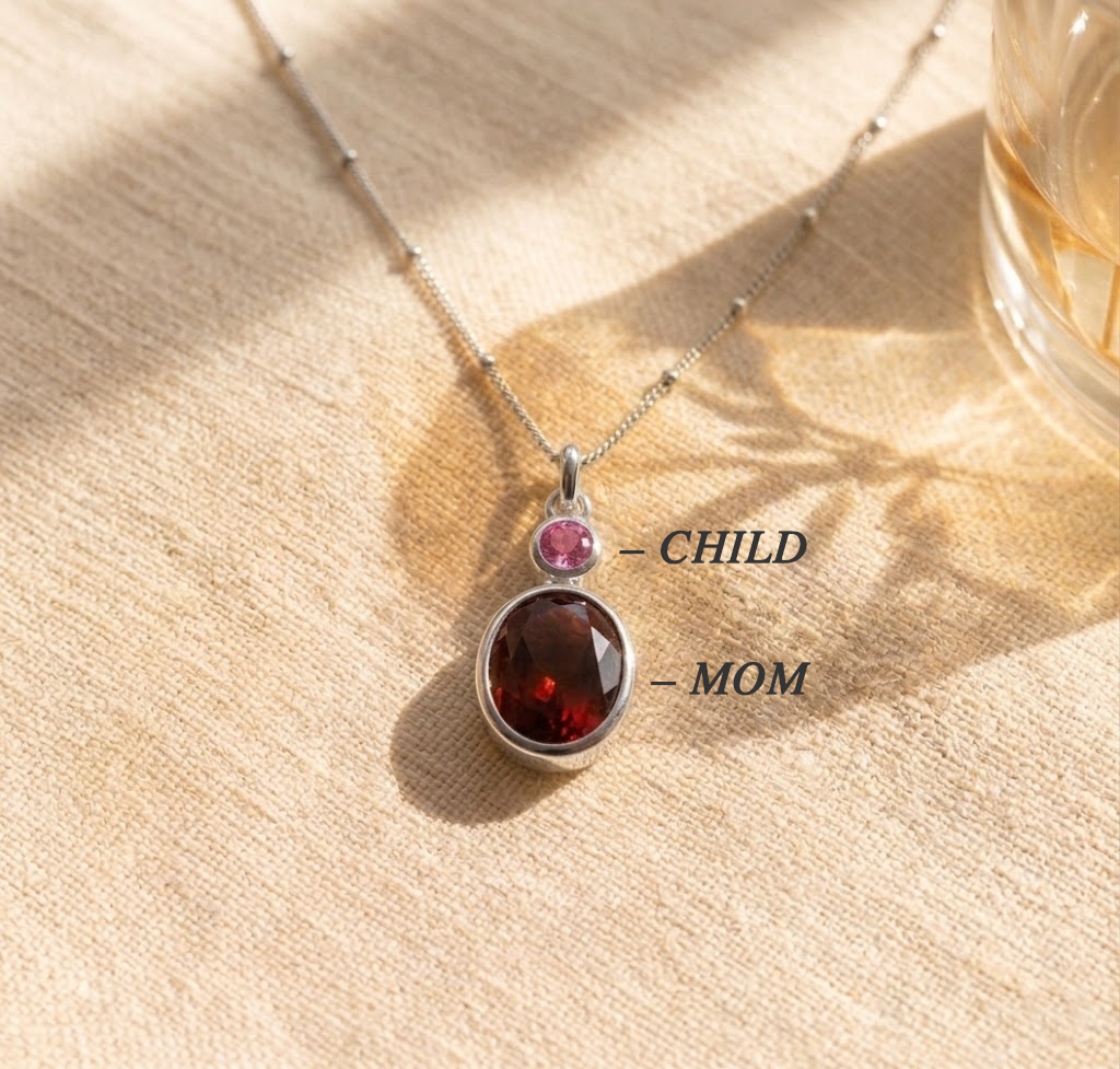 Two stone birthstone necklace with a larger birthstone for mom and a smaller birthstone for child, designed as a sentimental new mom necklace.