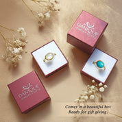 Gift-ready packaging for minimalist oval gemstone jewelry, featuring amazonite and moonstone cabochon rings displayed in branded Danique Jewelry boxes. Elegant gemstone rings presented in premium boxes, ready for gifting to her for birthdays, Mother’s Day, anniversaries, holidays, or special occasions. Thoughtful jewelry packaging designed to elevate personalized gemstone gifts without additional wrapping.