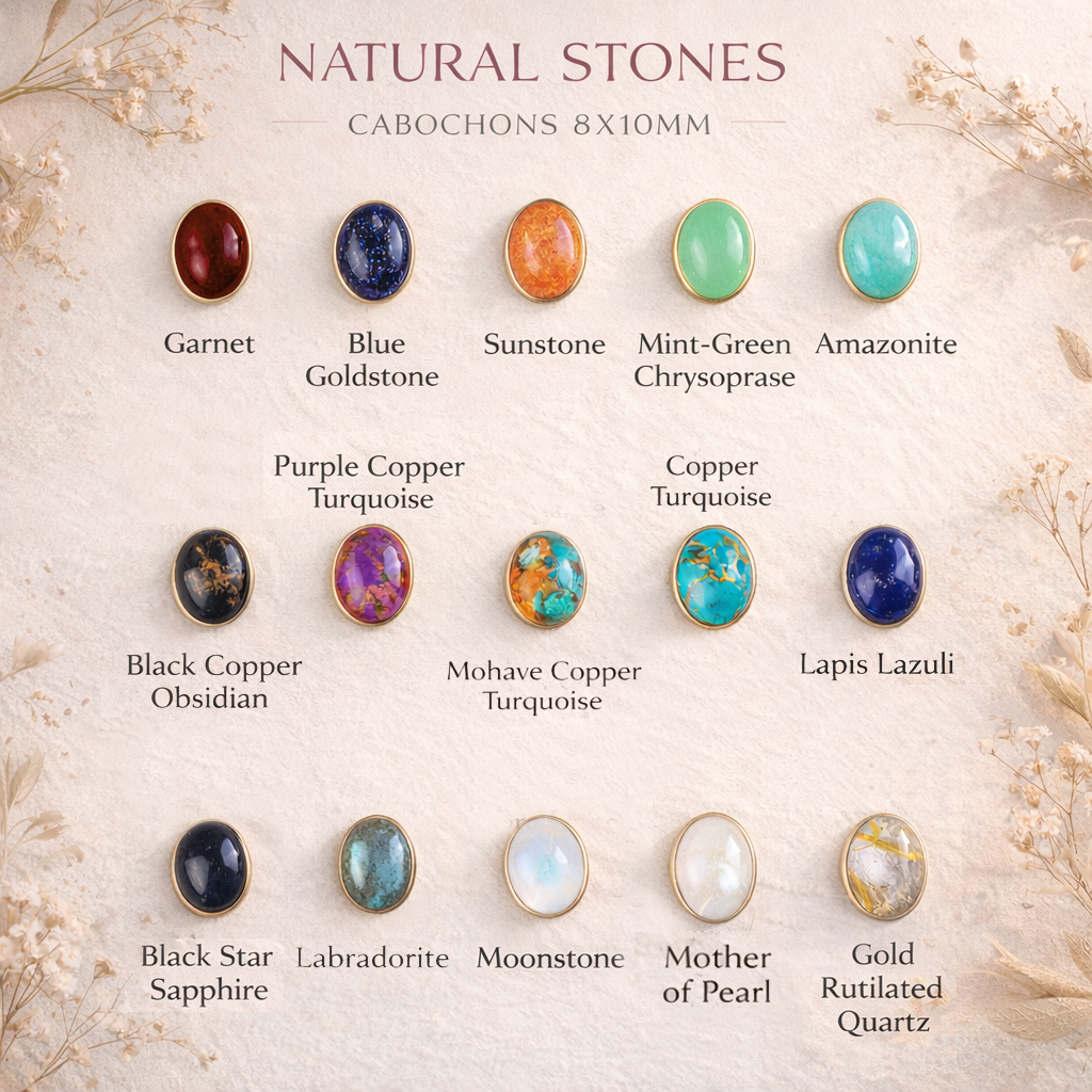 Natural stone chart displaying amazonite and other cabochon gemstones available for oval stone rings. Guide for selecting gemstone options for minimalist rings, highlighting turquoise blue amazonite as a popular choice for modern jewelry.