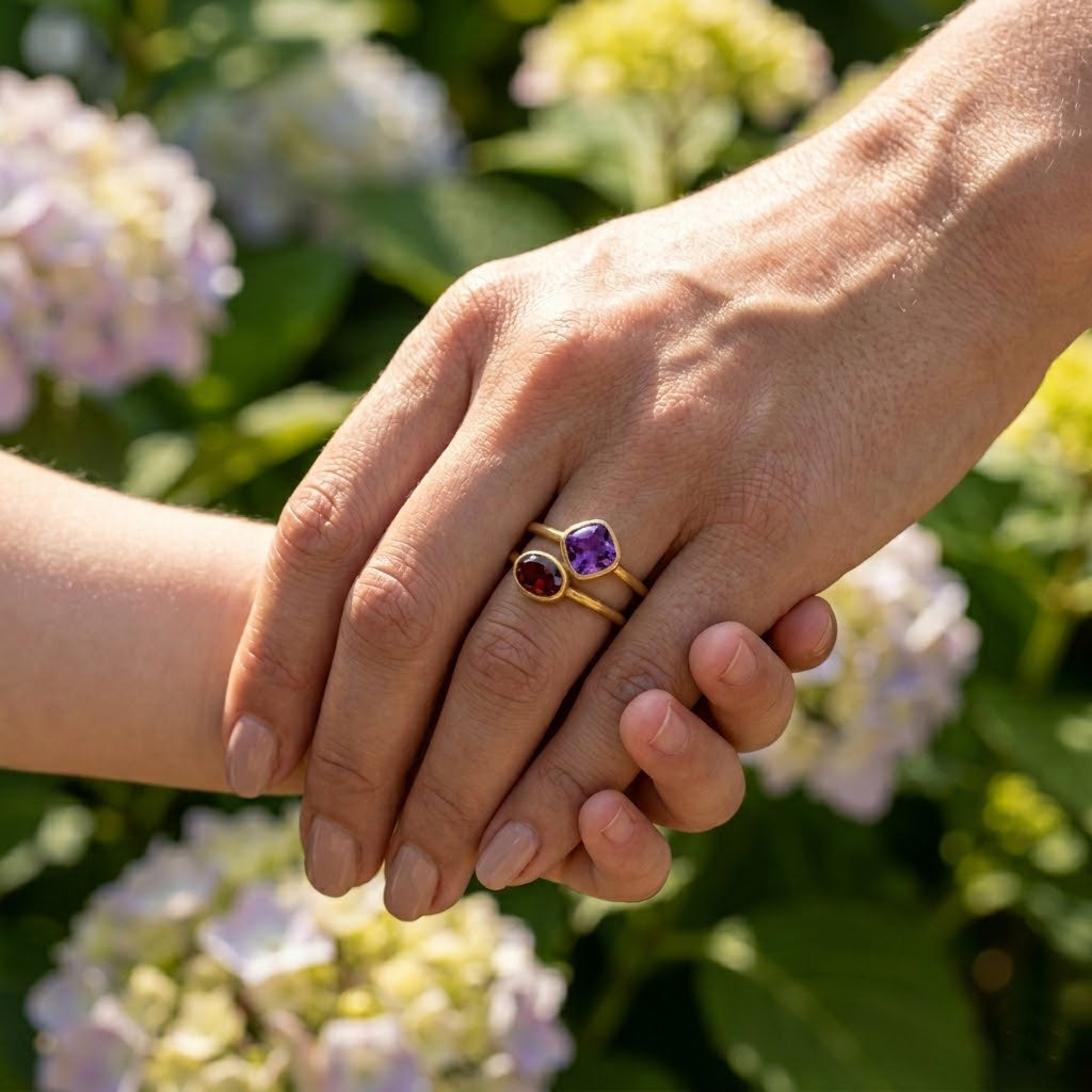 Purple gemstone stacking ring set worn outdoors on a woman’s hand in natural sunlight