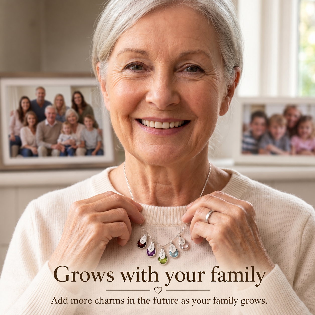 Grandma wearing personalized birthstone necklace with family name charms
