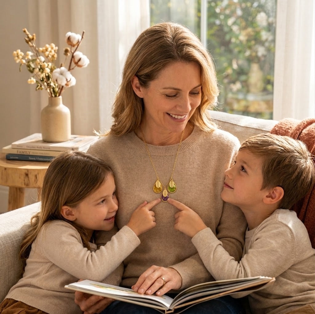 Mom wearing personalized birthstone name necklace with two children
