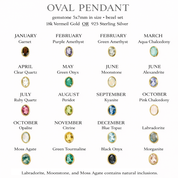 Oval pendant birthstone chart showing gemstone options for each birth month, including January through December stones. Visual guide for selecting a personalized oval birthstone bezel necklace. Custom birthstone jewelry options ideal for gifting, helping customers choose the perfect gemstone for a meaningful Valentine’s Day or birthday necklace.