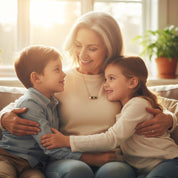 Mother sitting with children while wearing custom birthstone necklace, symbolizing family connection. Personalized mom jewelry featuring children’s birthstones and emotional meaning.