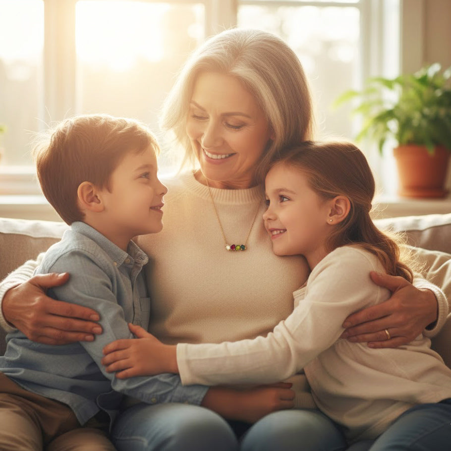 Mother sitting with children while wearing custom birthstone necklace, symbolizing family connection. Personalized mom jewelry featuring children’s birthstones and emotional meaning.