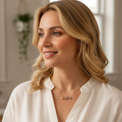 Custom oval cabochon birthstone necklace worn close to the neck, featuring multiple colorful gemstones representing children or family members. Personalized birthstone jewelry designed as a meaningful gift for mom, mother’s day gift, or sentimental family keepsake.