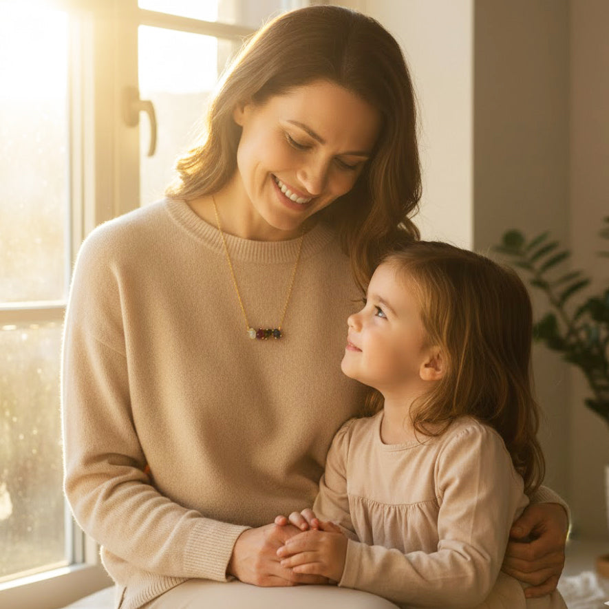 Mother wearing custom birthstone necklace while sitting with child, symbolizing family love and connection. Personalized mom necklace featuring children’s birthstones, designed as an emotional gift for mothers and family keepsakes.