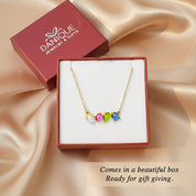 Custom birthstone necklace presented in branded gift box, ready for gifting. Personalized mom necklace packaged for Mother’s Day, birthdays, anniversaries, or sentimental family gifts.