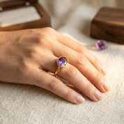 Sterling silver and gold plated Purple amethyst ring, february birthstone jewelry, vibrant purple gemstone ring, Oval faceted Topaz, Bezel set ring, 18k vermeil gold, Sterling silver ring, amethyst gift, february birthday gift, purple ring for her, stacking ring, stackable ring