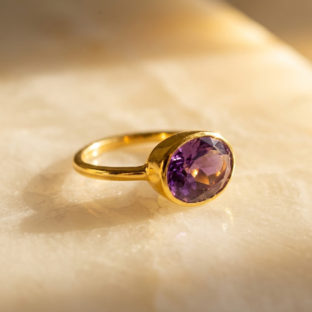 Purple amethyst ring, february birthstone jewelry, vibrant purple gemstone ring, Oval faceted Topaz, Bezel set ring, 18k vermeil gold, Sterling silver ring, amethyst gift, february birthday gift, purple ring for her, stacking ring, stackable ring