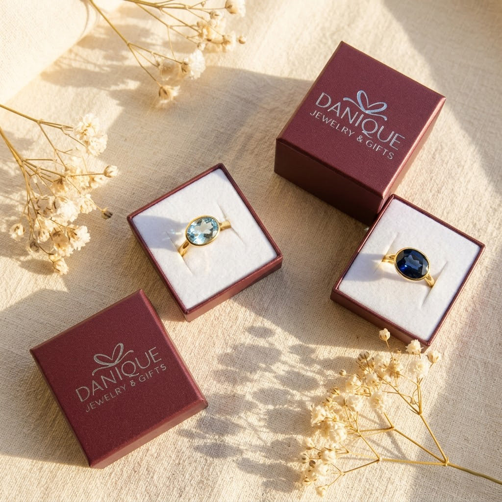 Danique Jewelry gift box packaging with gemstone rings, showing gift-ready presentation for the lemon quartz ring.