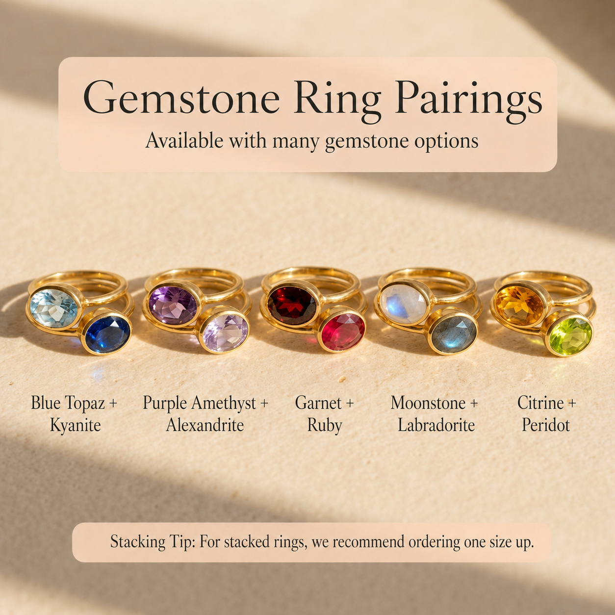 Oval gemstone ring pairing guide showing moonstone, labradorite, amethyst, citrine, and other combinations.