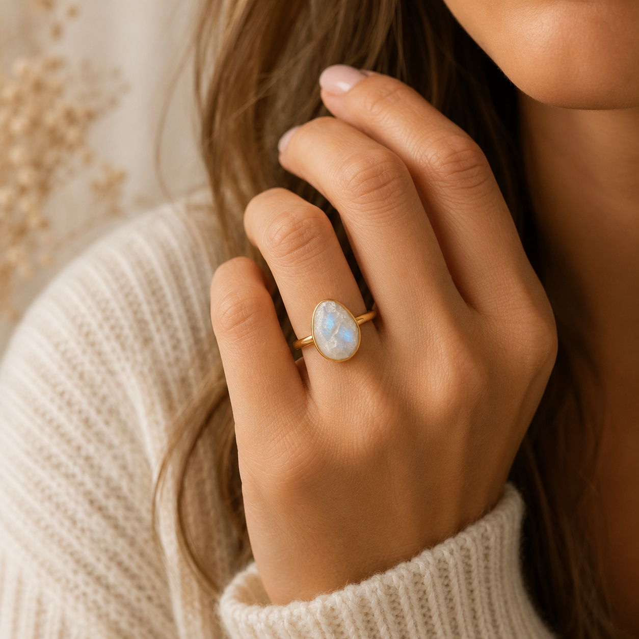 A close-up lifestyle shot of a woman wearing a gold ring with a teardrop-shaped light blue opal gemstone on her finger, set against a soft cream knit sweater and a warm, blurred background.