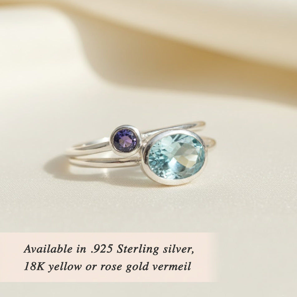 Sterling silver birthstone ring set option showing minimalist open stacking style, custom family ring with oval mom stone and small round kids birthstones, dainty birthstone stacking ring combo available in .925 sterling silver, 18K yellow gold vermeil, or rose gold vermeil, personalize with October opal or pink tourmaline and December blue zircon/topaz, everyday mothers ring gift for mom, grandma, and family jewelry lovers