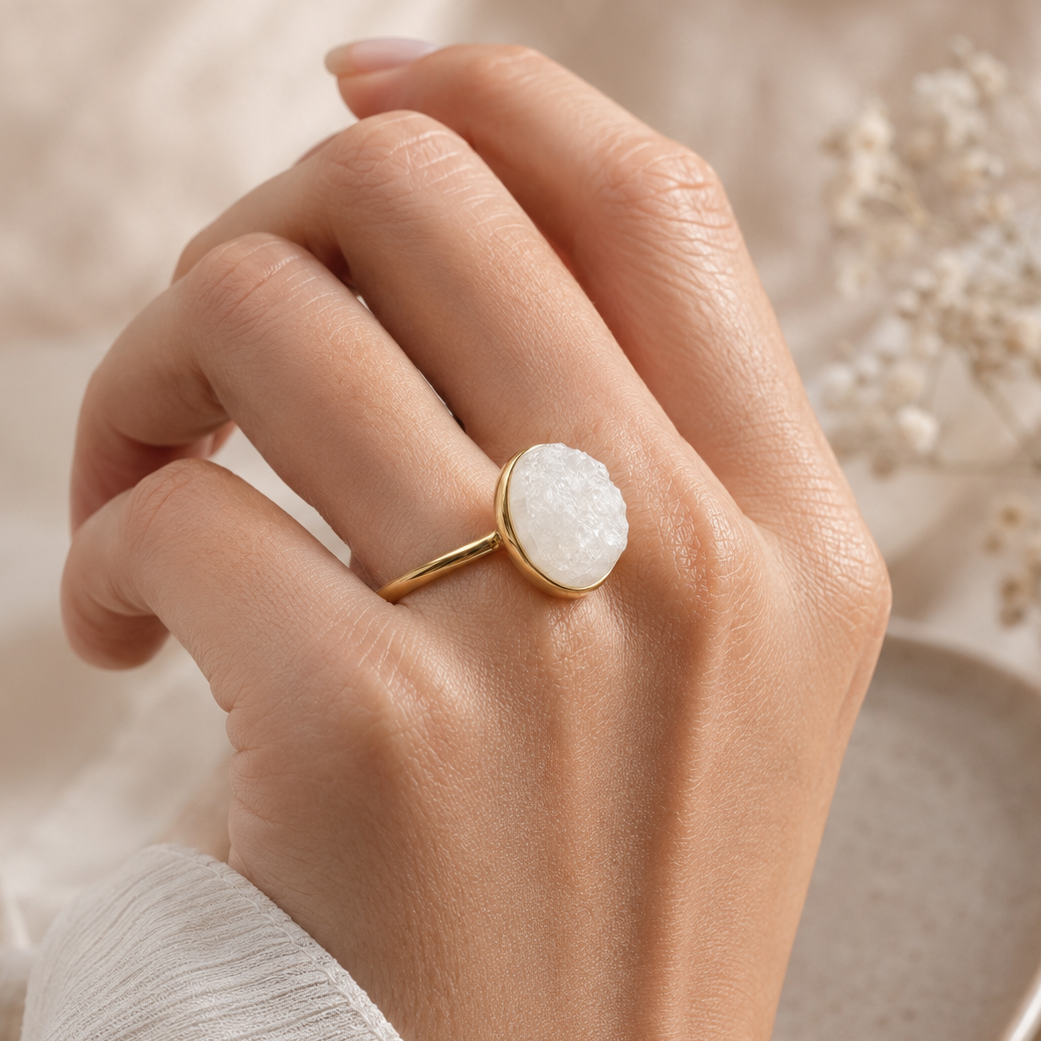 A gold ring with a textured, oval-shaped white stone is shown on a person's hand, set against a soft beige fabric background with dried flowers.