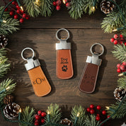 Three custom engraved leather paddle keychains. Honey keychain with formal monogram. Cinnamon keychain with phrase ready for adventure. Espresso custom keychain with initials and a special date