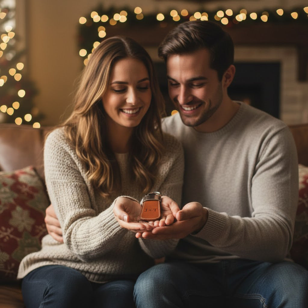 Romantic moment of a couple exchanging a custom engraved leather keychain, showcasing a meaningful personalized gift for boyfriend, girlfriend, husband, or wife. Full-grain leather with custom engraving options makes this a heartfelt holiday, anniversary, or birthday present. Perfect customized accessory for everyday use, new drivers, new homeowners, or long-distance couples wanting a sentimental gift.