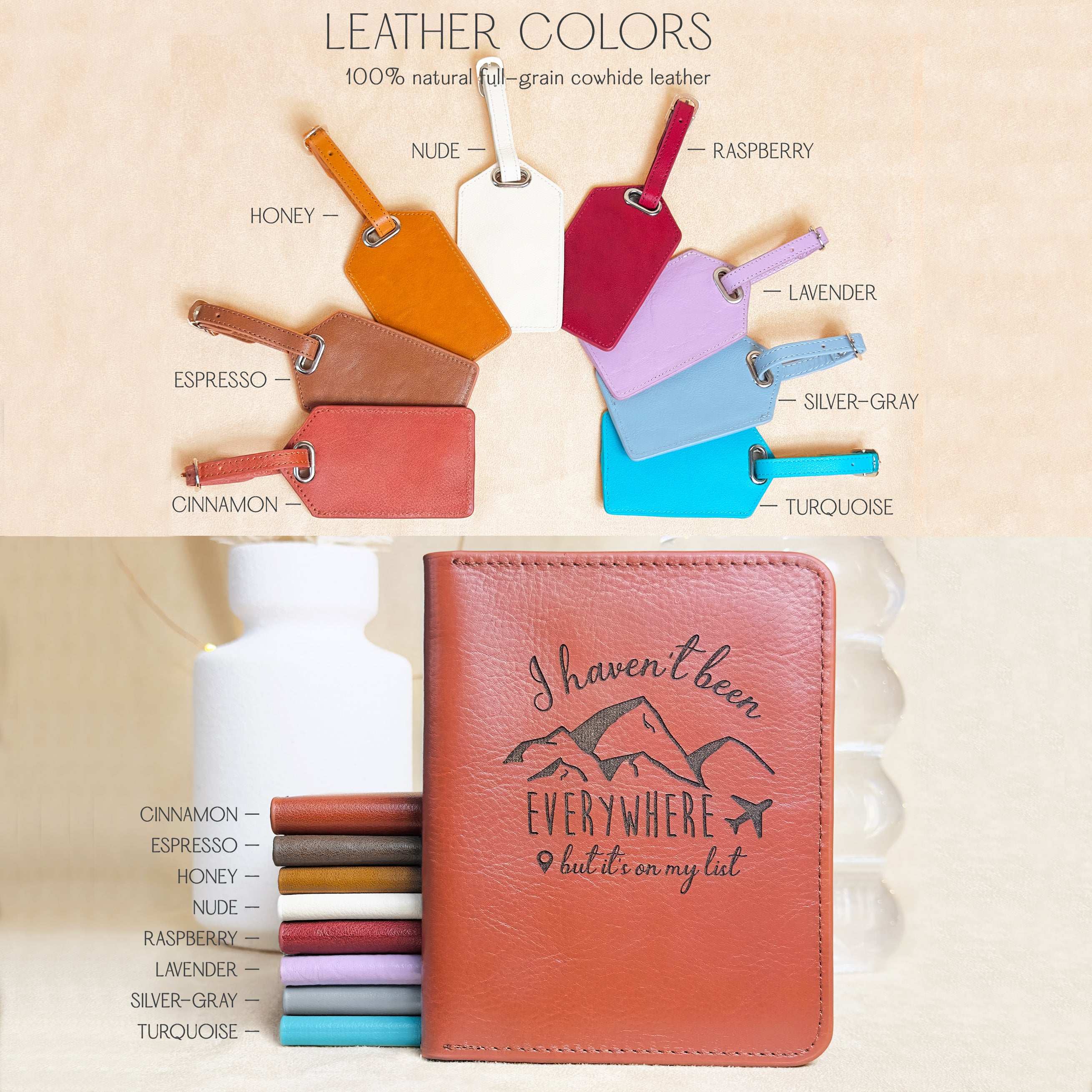 Leather passport holders and luggage tags available in cinnamon, espresso, honey, nude, raspberry, lavender, silver-gray, turquoise, Font options or leather accessories, leather gift, gift for him, gift for her, gift for husband, gift for wife, leather anniversary, 5th wedding anniversary gift, anniversary gift, personalized