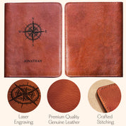 Brown leather passport holder with compass design and engraved name, shown with close-up details on a white background.