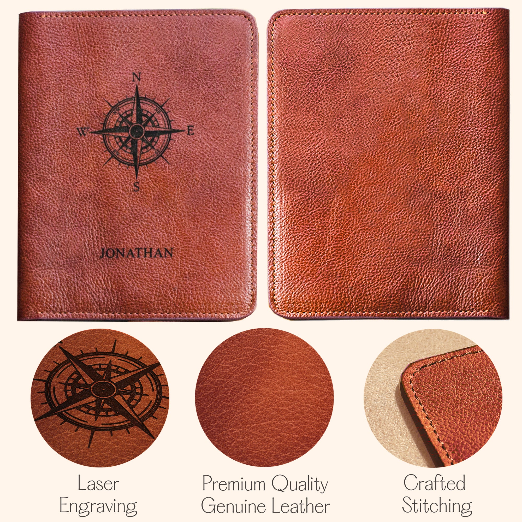 Brown leather passport holder with compass design and engraved name, shown with close-up details on a white background.