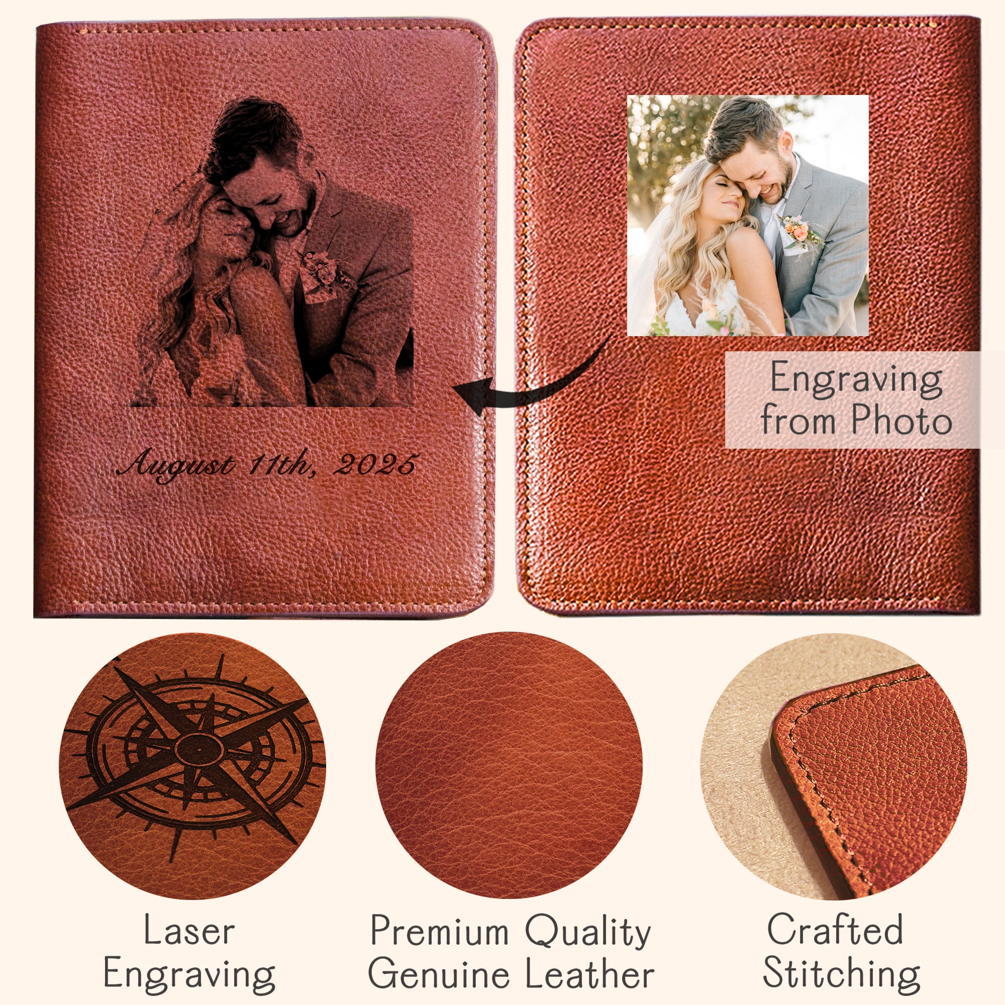 Custom leather passport holder engraved with a couple’s wedding photo and date, shown with comparison between original color photo and laser-engraved result. Features include premium quality genuine leather, precise crafted stitching, and custom laser engraving with monogram, handwriting, or photo. Ideal personalized travel gift for couples, anniversaries, weddings, groom or bride, and honeymoon keepsake. Unique RFID-blocking travel accessory for him or her.