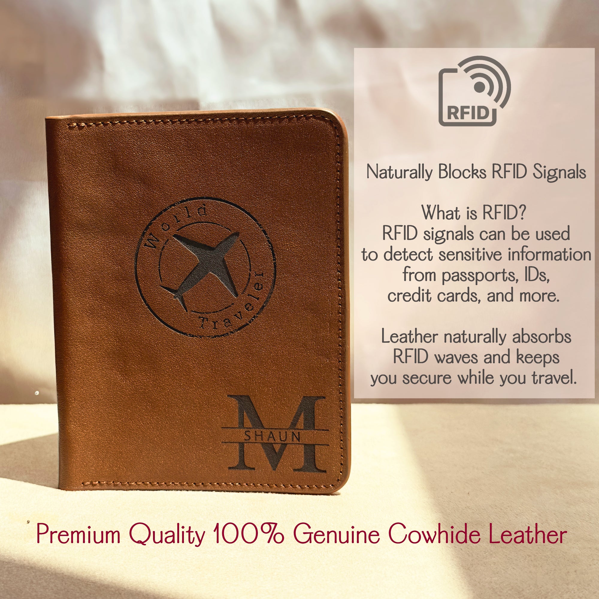 Personalized leather passport holder engraved with a monogram and “World Traveler” airplane design, made from premium 100% genuine cowhide leather. The product is shown in a warm natural light setting with text explaining RFID-blocking benefits. Ideal for travelers, this custom passport cover naturally absorbs RFID signals to protect sensitive data from passports, IDs, and credit cards. A perfect gift for men, groomsmen, or frequent flyers, combining style, security, and customization.