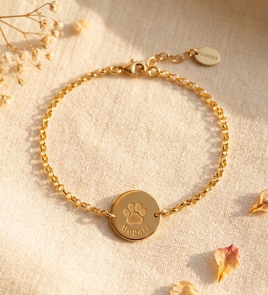 Gold paw print anklet with engraved round pet disc and adjustable extender chain