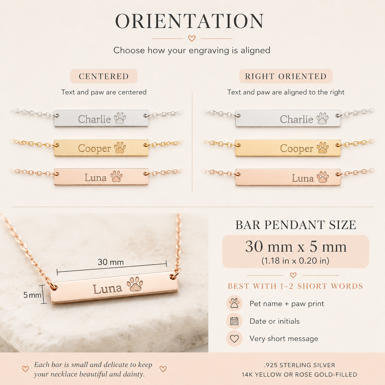 Orientation guide showing centered and right-oriented engraving layouts for personalized paw print bar necklaces.