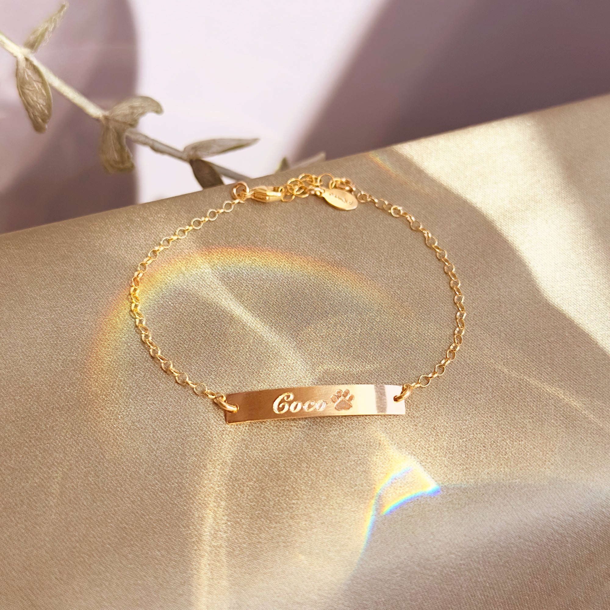 Pet's Paw Print and Name Personalized Bar Bracelet, 925 Sterling Silver, 14k Gold Fill, Christmas Gift for Pet Lover, Stocking Stuffer for Dog Cat Mom