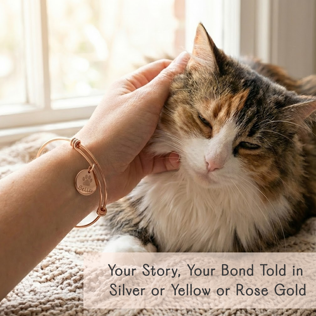 Golden custom pet bangle bracelet on a woman’s wrist as she gently pets her fluffy orange cat, featuring a round disc charm engraved with a paw print and the pet name “Charlie.” Dainty adjustable wire bangle in 14k gold filled finish creates a sentimental, everyday accessory for dog moms and cat moms, perfect as a personalized pet lover gift, pet memorial bracelet, or birthday and Christmas jewelry for women who adore their animals.