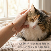 Golden custom pet bangle bracelet on a woman’s wrist as she gently pets her fluffy orange cat, featuring a round disc charm engraved with a paw print and the pet name “Charlie.” Dainty adjustable wire bangle in 14k gold filled finish creates a sentimental, everyday accessory for dog moms and cat moms, perfect as a personalized pet lover gift, pet memorial bracelet, or birthday and Christmas jewelry for women who adore their animals.