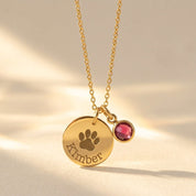 Personalized paw print necklace with pink birthstone charm and engraved pet name in gold