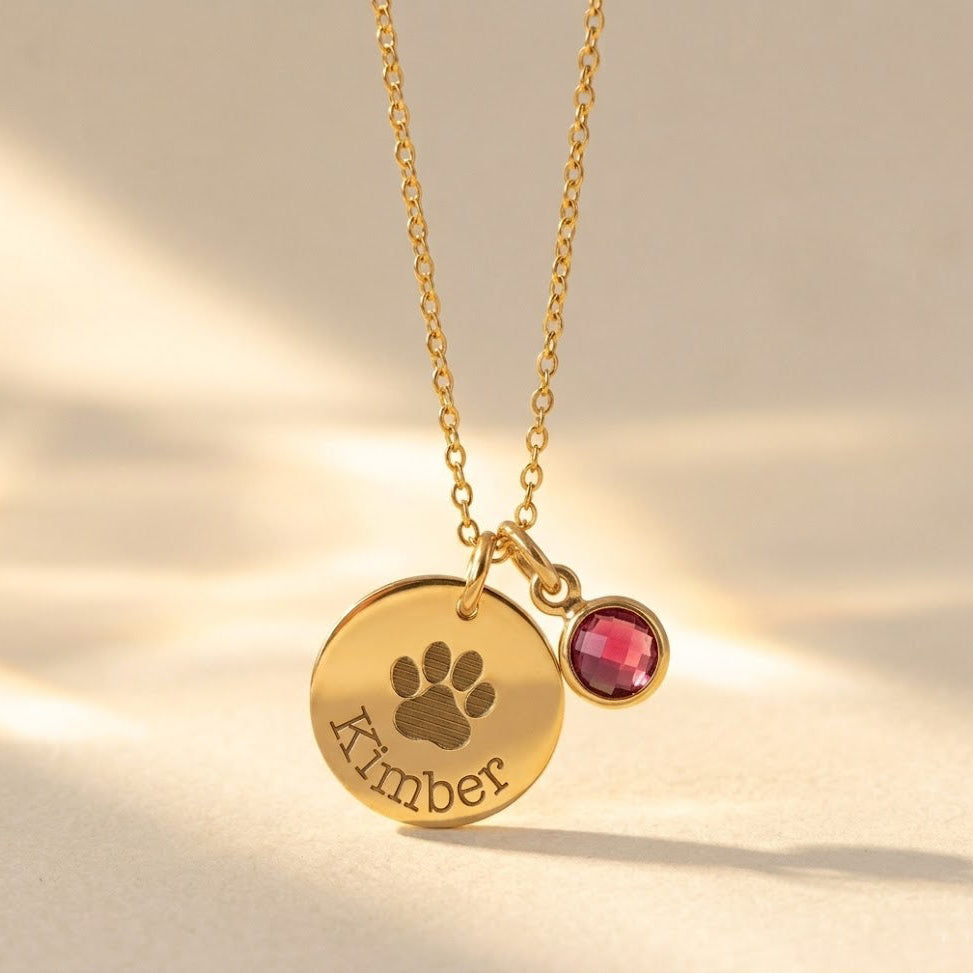 Personalized paw print necklace with pink birthstone charm and engraved pet name in gold