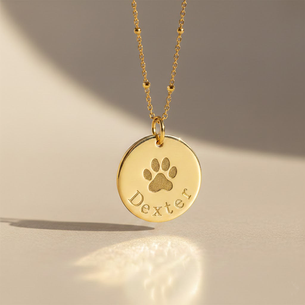 A gold disc pendant necklace engraved with an actual pet paw print and the name “Dexter,” crafted in 14k gold-filled with a dainty chain, custom-made as a pet memorial keepsake, perfect as a personalized remembrance jewelry gift for dog or cat owners.