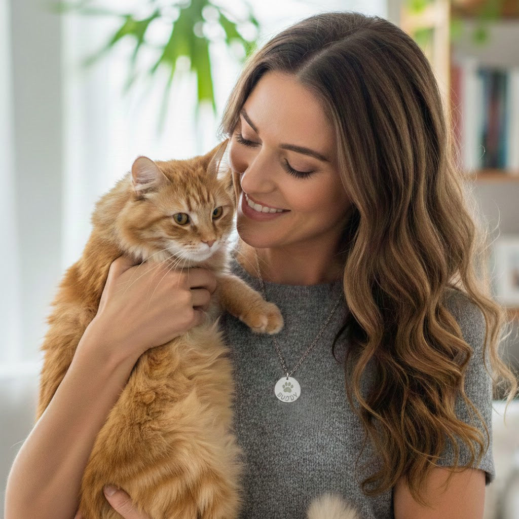 Model in beige top is wearing a custom Woman wearing a minimalist gold disc pendant necklace engraved with an actual paw print and pet name, a meaningful pet memorial jewelry piece for everyday wear, available in sterling silver, rose gold, or gold-filled, ideal sympathy gift for pet loss.