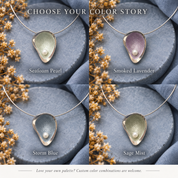 Boho pearl teardrop jewelry color options in Crimson Pearl Sunset Lavender Storm Blue and Sage Mist