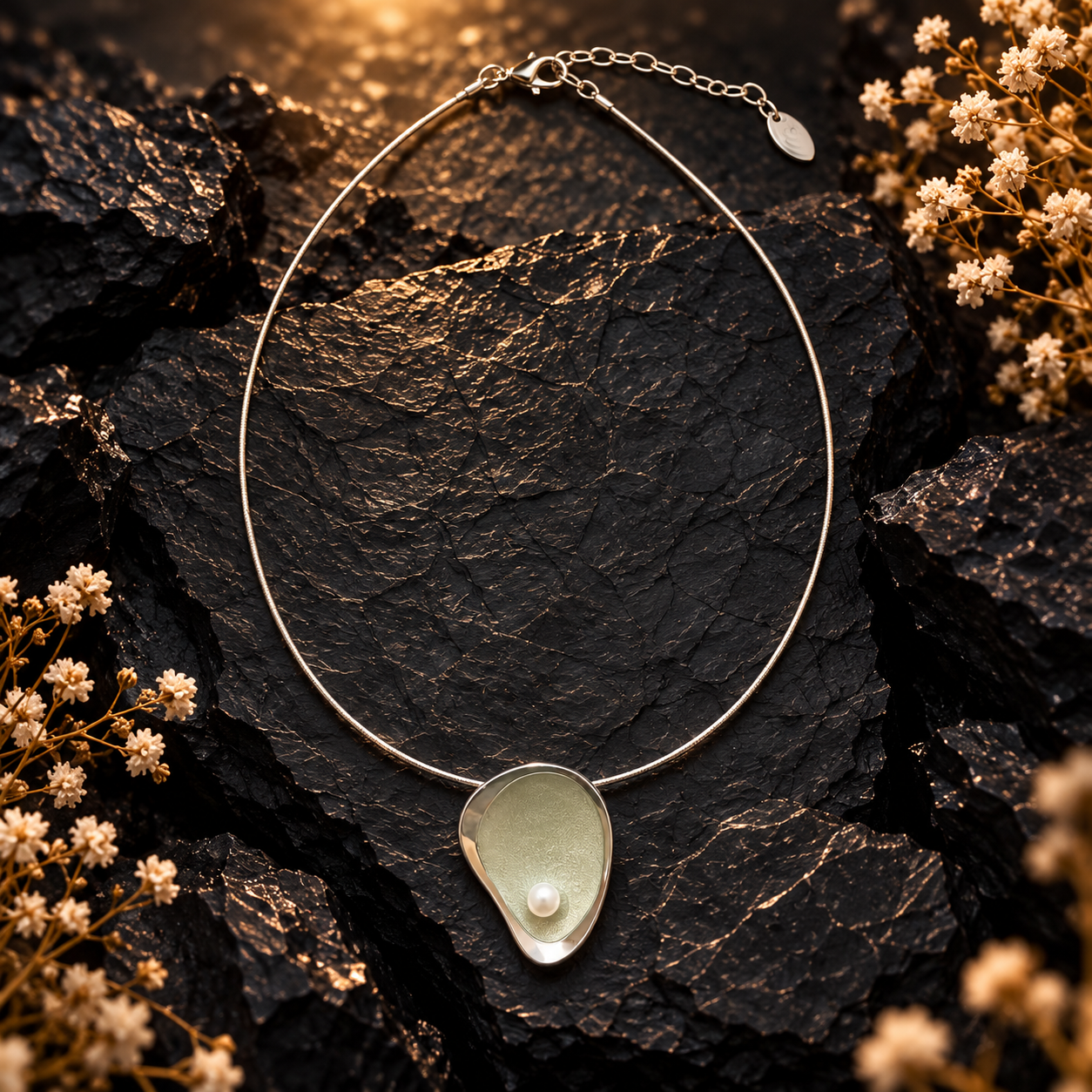 Sage Mist pearl teardrop pendant necklace displayed on dark textured stone

