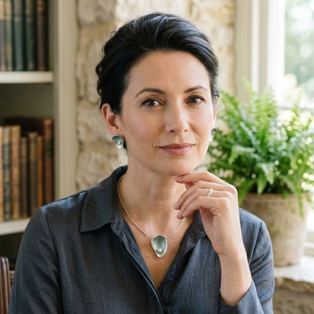 Woman wearing Sage Mist teardrop pearl necklace and matching earrings with dark blouse


