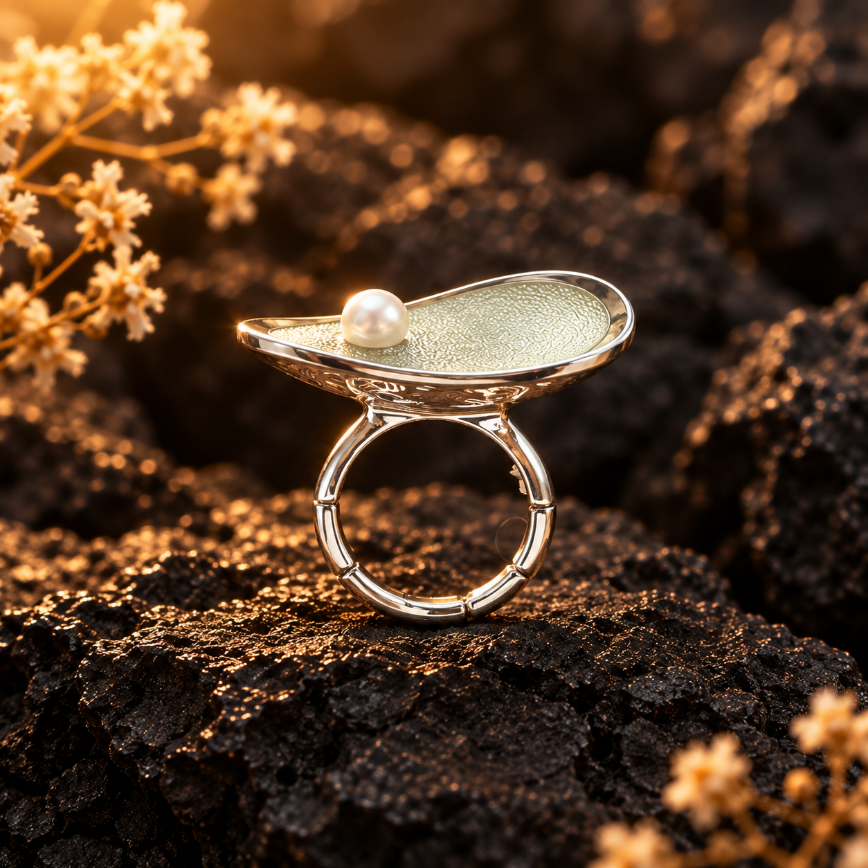 Side view of Sage Mist Pearl Petal adjustable ring showing sculptural teardrop centerpiece
