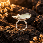 Side view of Sage Mist Pearl Petal adjustable ring showing sculptural teardrop centerpiece
