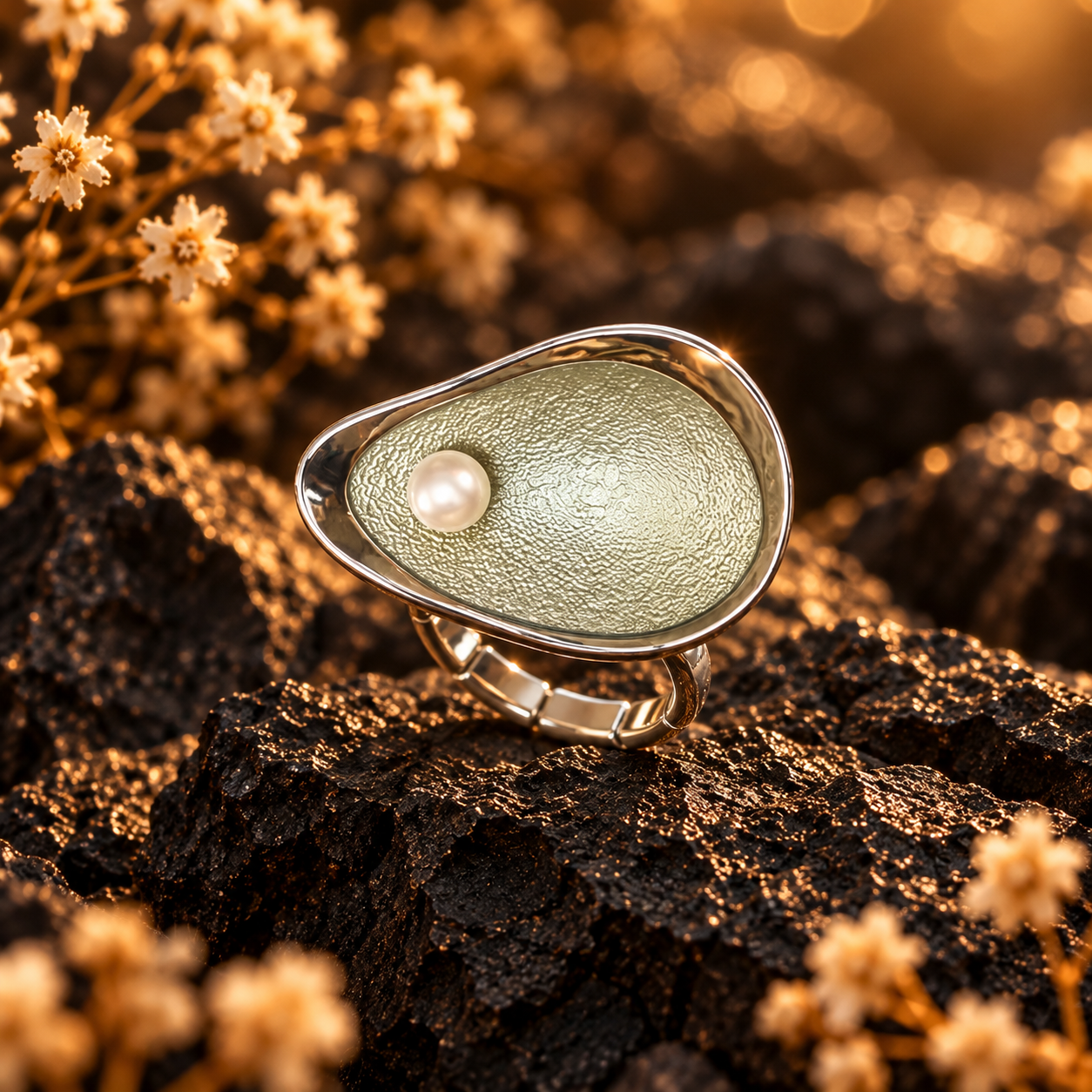  Sage green adjustable statement ring with pearl accent displayed on dark textured stone