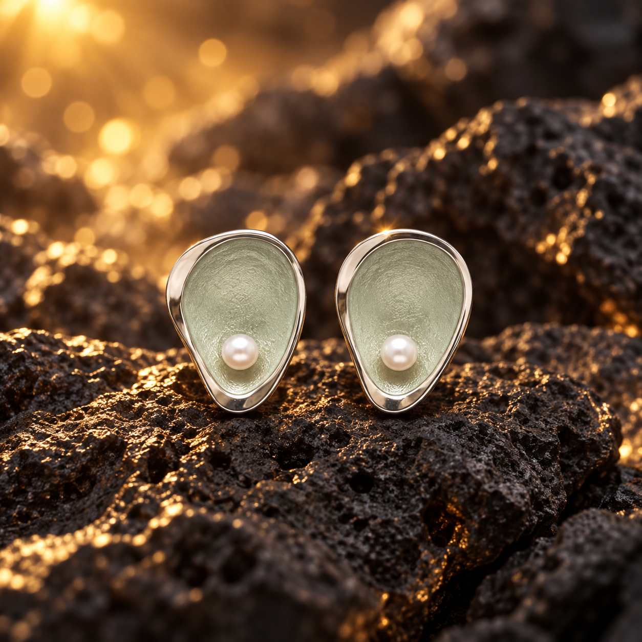 Boho pearl teardrop stud earrings with matching necklace and ring on dark stone background  
