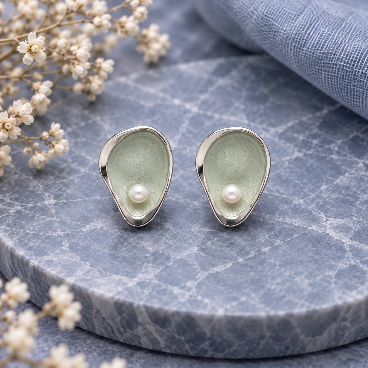 Pearl teardrop jewelry color options including satin pearl, smoked lavender, storm blue, and sage mist